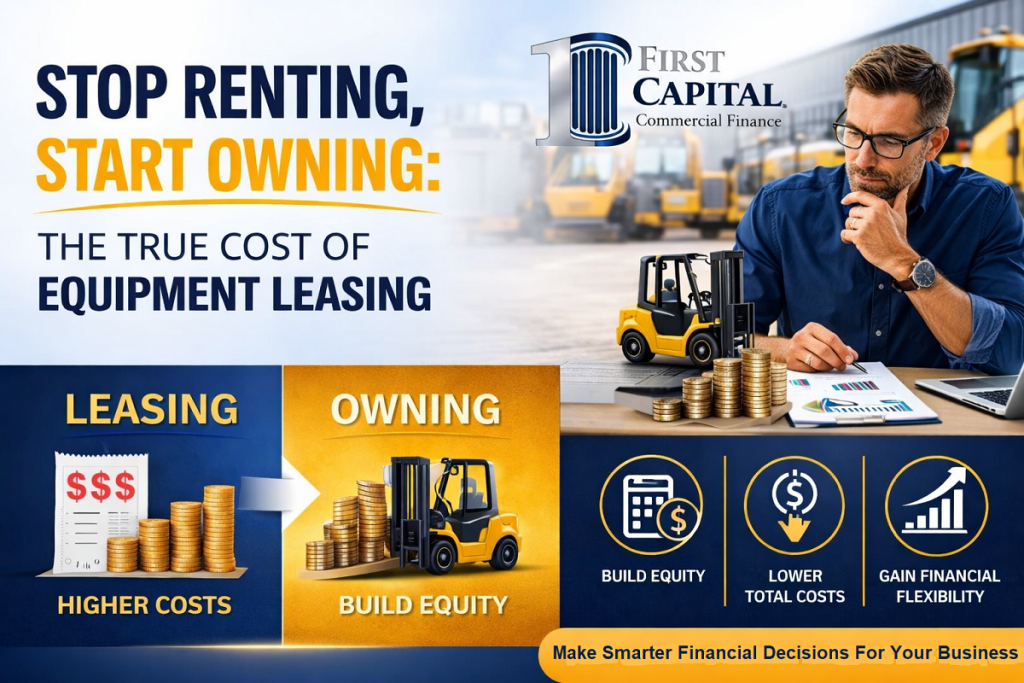 Stop renting start owning equipment financing concept showing cost comparison and business growth strategy